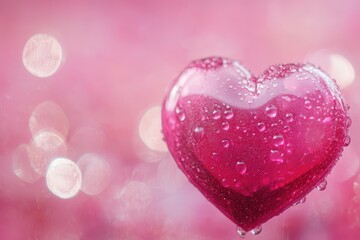 Obraz premium Romantic pink heart with water droplets on a soft pink background for love and affection, pink heart background, romantic love symbol Photoing for live wallpaper