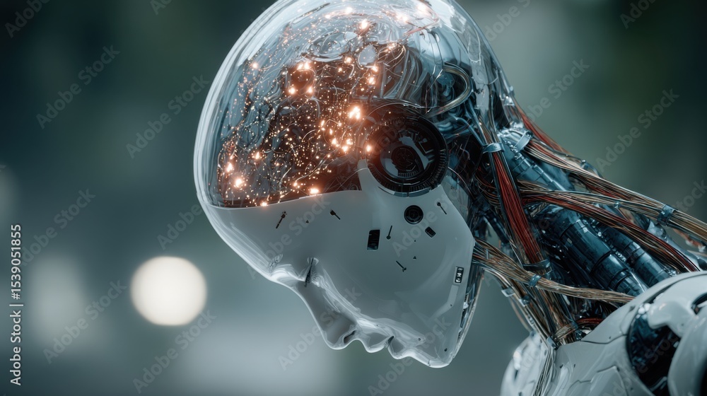 Aufkleber a humanoid robot head is shown in profile, featuring exposed circuitry and glowing neural pathways i