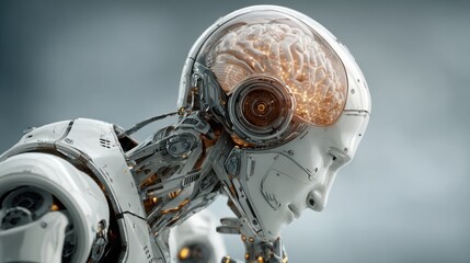 Fototapeta premium A humanoid robot displays a translucent head revealing a glowing brain, symbolizing cutting-edge advancements in robotics and artificial intelligence engineering.