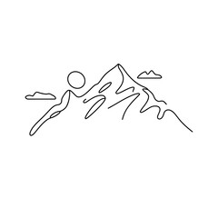 Line Drawing of Mountain Landscape with Sun