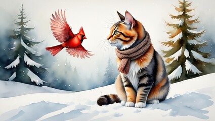 Winter wonderland cat and cardinal watercolor painting