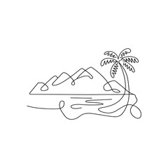Line Drawing of Tropical Beach Scene with Palm and Distant Mountains