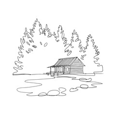 Cabin in Woods Line Art
