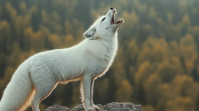 Portrait of a white wolf roaring on a cliff