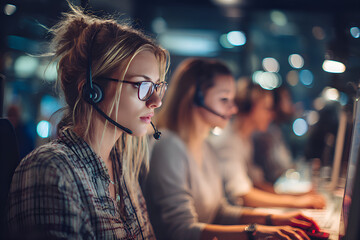 Customer service representative working late at night in busy office