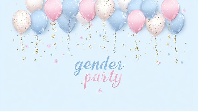 Pastel pink and blue balloons with confetti on light background for gender reveal party celebration invite