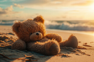 An old, battered teddy bear half buried in the sand on a deserted beach at dawn, sand stuck to its fur