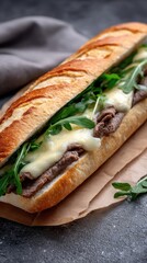 Succulent baguette sandwich features tender beef, gooey melted cheese, and crisp arugula, beautifully presented with a rich backdrop
