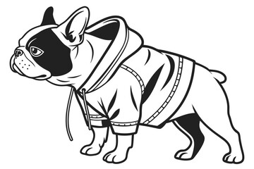 Monochromatic Illustration of a Bulldog Wearing a Hoodie Expressing Urban Style and Modern Pet Fashion with Detailed Line Art