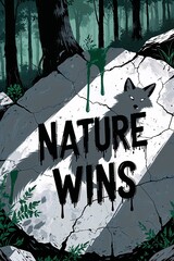 Illustration capturing a fox surrounded by lush forest, calling attention to climate change and the necessity to safeguard wildlife and natural spaces so nature can prevail. “NATURE WINS.”