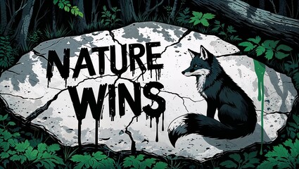 A stunning nature illustration featuring a fox in a flourishing forest, emphasizing the critical role of conservation and allowing animals to reclaim their habitat. The empowering slogan “NATURE WINS.