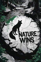 Illustration artwork featuring a fox in a lush forest, symbolizing ecology and climate change. Emphasizing the importance of protecting wildlife and nature’s space with the powerful quote “NATURE WINS