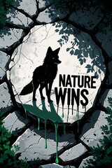 Artistic depiction of a fox amidst dense forest greenery, highlighting ecology and climate action. Urging us to preserve habitats and let wildlife thrive naturally with the inspiring quote “NATURE WIN