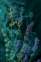 Transparent green smoke interacts with dried lavender flowers, black velvet background.