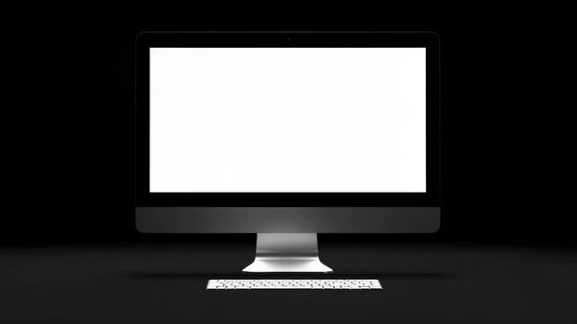 Computer with blank white screen monitor on black background, perfect for mockup and design presentation. Banner. Copy space.
