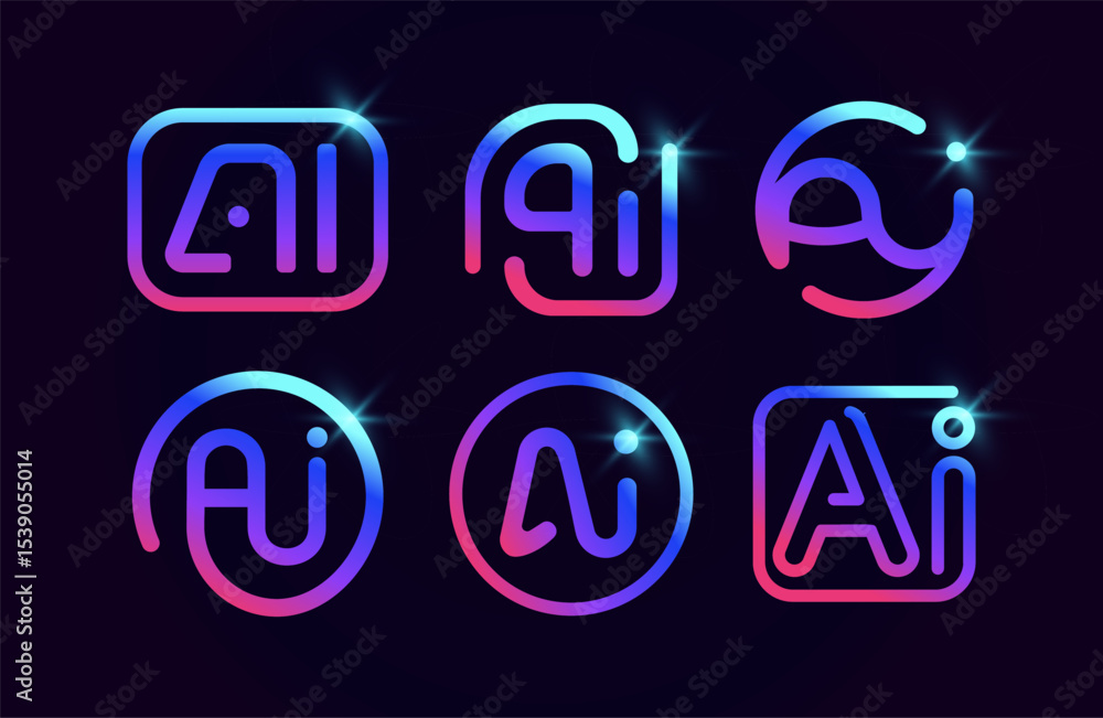 Poster ai logo design template neon gradient style. artificial intelligence outline icons. modern logotype 
