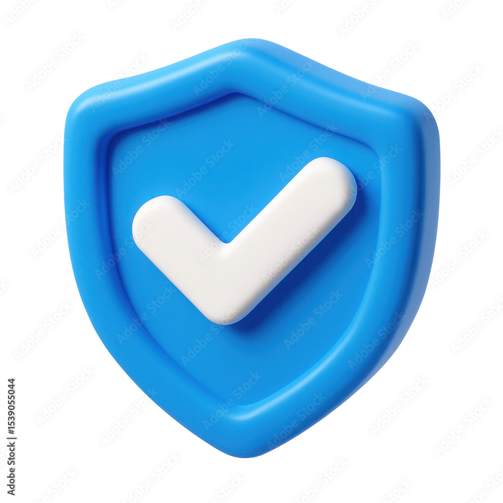 Poster 3d icon in plastic style representing a shield with a check mark symbolizing security and trust in a