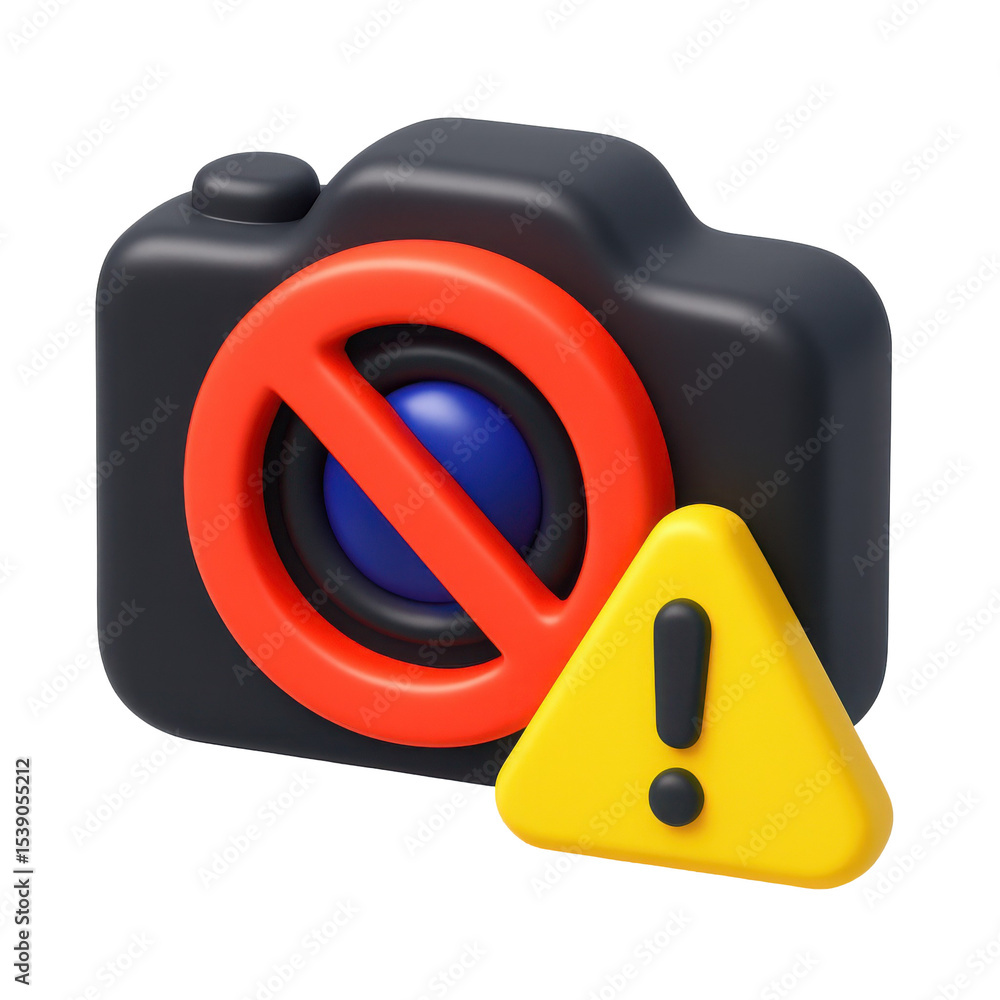 Poster 3d icon in plastic style featuring a camera with a prohibited sign and an exclamation mark, represen