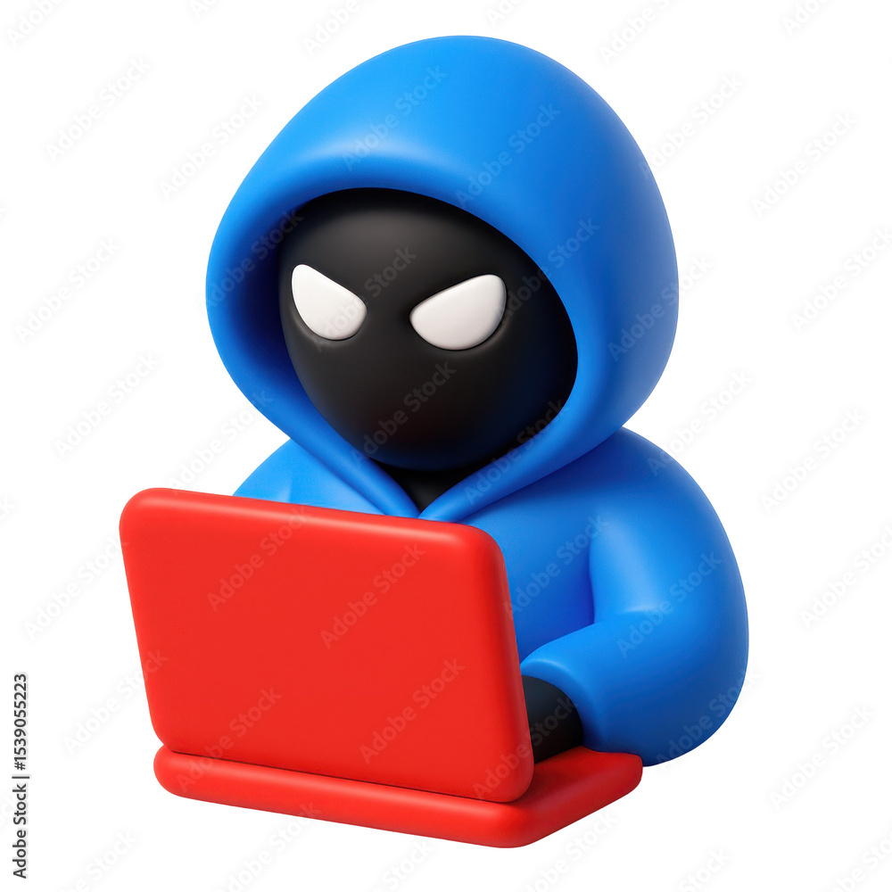 Poster 3d icon of a hooded figure using a laptop in a dark setting, representing cybersecurity and hacking 