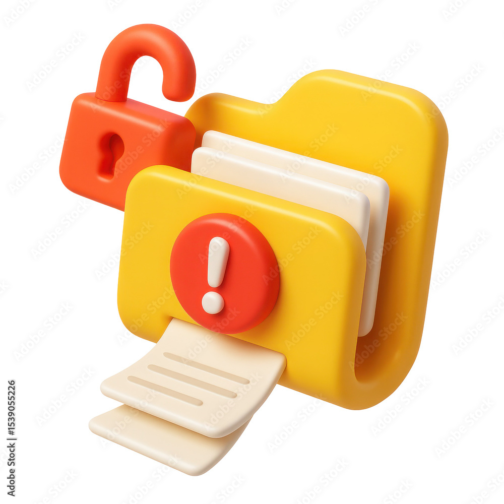 Poster 3d icon in plastic style depicting a secure folder with a lock and alert symbol, representing data p