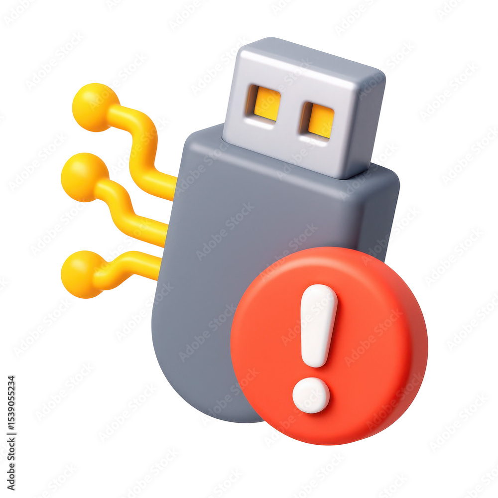 Poster 3d icon of a plastic usb drive with a warning sign indicating a potential issue or error in data tra