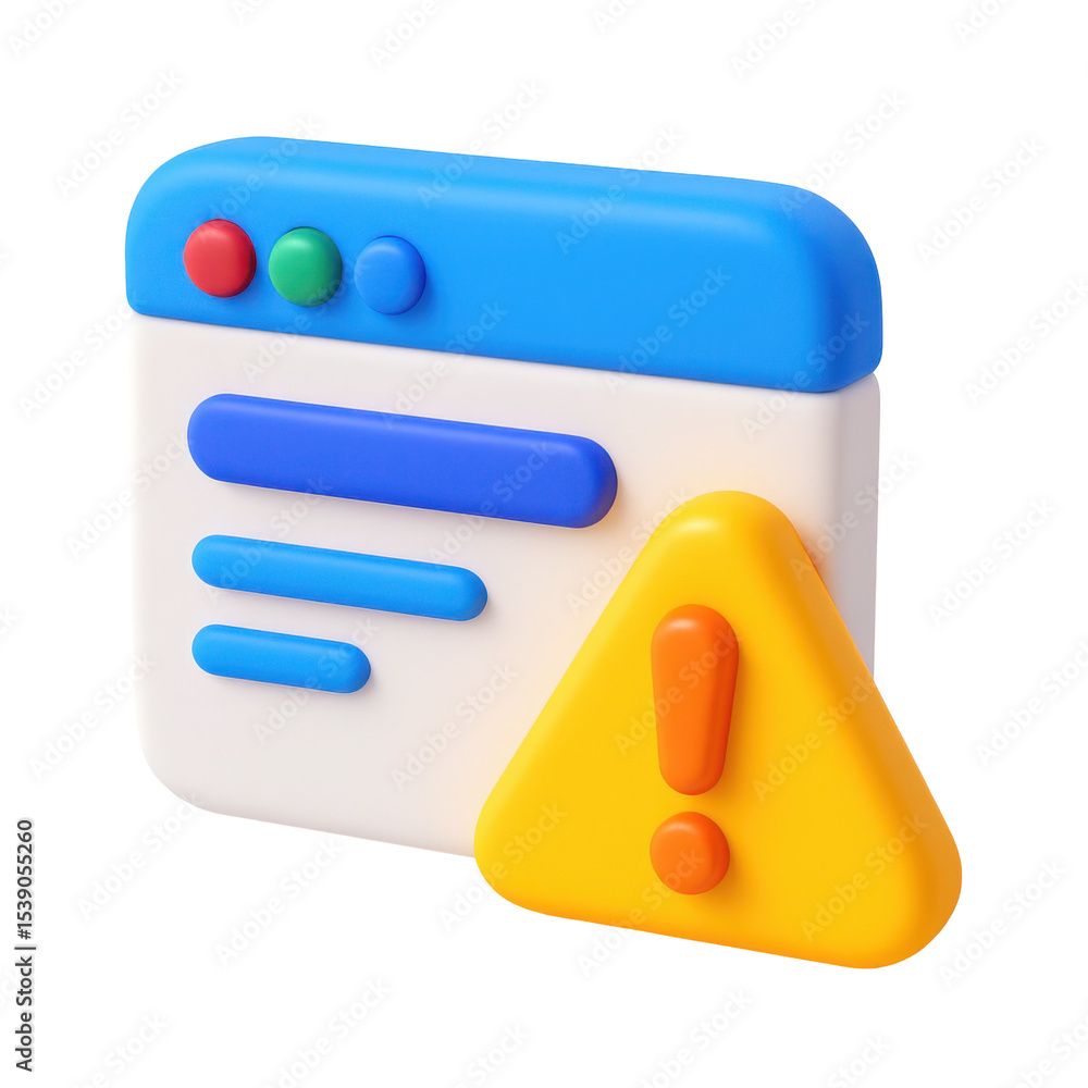 Poster 3d icon in plastic style depicting a web interface with warning sign for user interface and software
