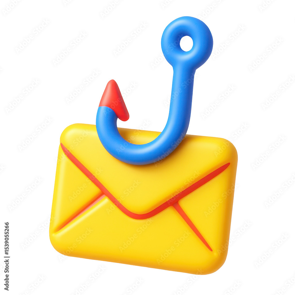 Poster 3d icon in plastic style representing phishing attack concept with yellow envelope and hook symboliz