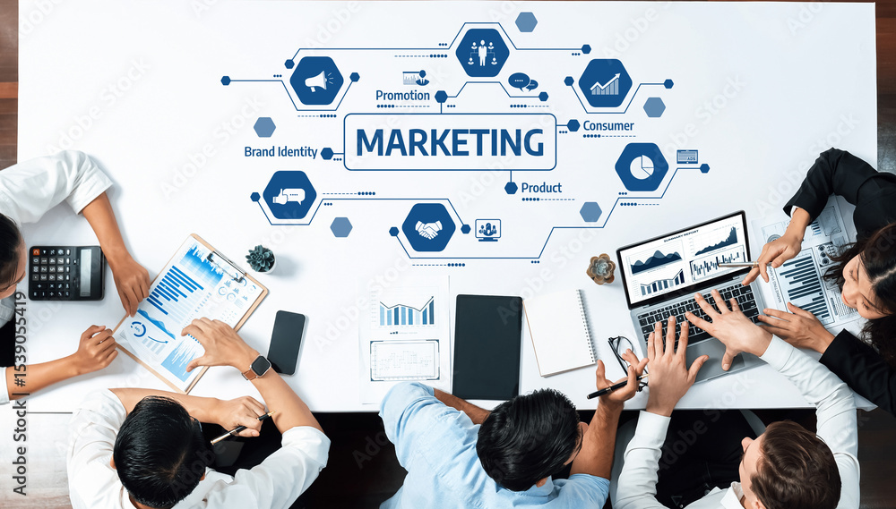Poster a diverse team engaged in a marketing strategy meeting, utilizing digital devices to analyze data vi