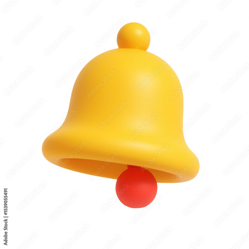 Aufkleber 3d icon of a plastic bell with a bright yellow color and a red ball at the bottom, designed for digi