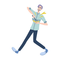 Chef whips ingredients with whisk. Restaurant staff. Cute stylish character. Hand drawn flat design vector illustration.
