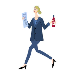 Waitress running to take the order. Girl with bottle of wine and menu in her hands. Restaurant or hotel staff. Cute stylish character. Hand drawn vector illustration for menu and social media design.
