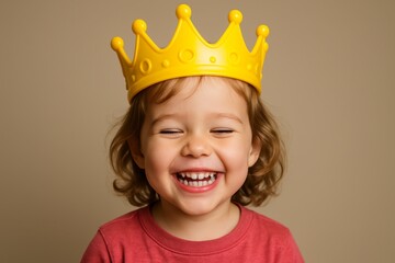Child wearing a bright yellow crown smiles joyfully against a neutral background during a playful indoor activity