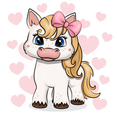Cute Cartoon White Pony with pink hair bow. Vector Illustration with animal on white background with pink hearts.