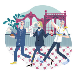 Cute characters with interior. Restaurant staff. Set of cafe workers in uniform, including chef, waitress, hostess. Food service and hospitality concept. Professional team. Vector illustration.