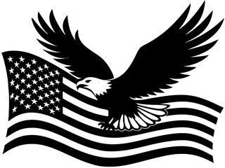 Obraz premium American bald eagle soaring over waving flag