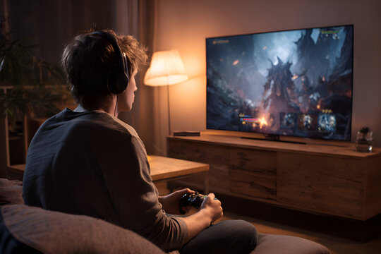 Teenager playing videogames on a big screen tv at home