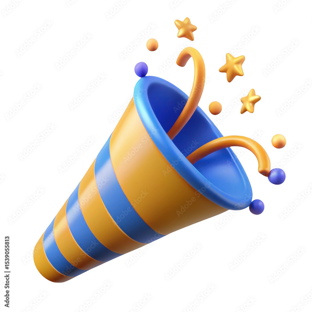 Poster 3d render of party popper with confetti isolated on transparent background