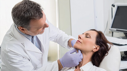 Obraz premium Child with teddy bear getting ENT examination in exam room at medical checkup at doctor's office. Female otolaryngologist holding otoscope and examining little kid's ear to prescribe the right therapy