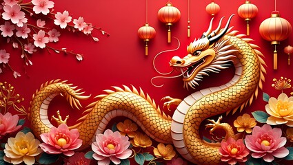 Golden Dragon amidst Cherry Blossoms and Lanterns A Celebration of Chinese Culture