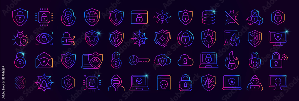 Poster cybersecurity icon set with neon gradient style. shield, padlock, firewall, fingerprint, virus, hack