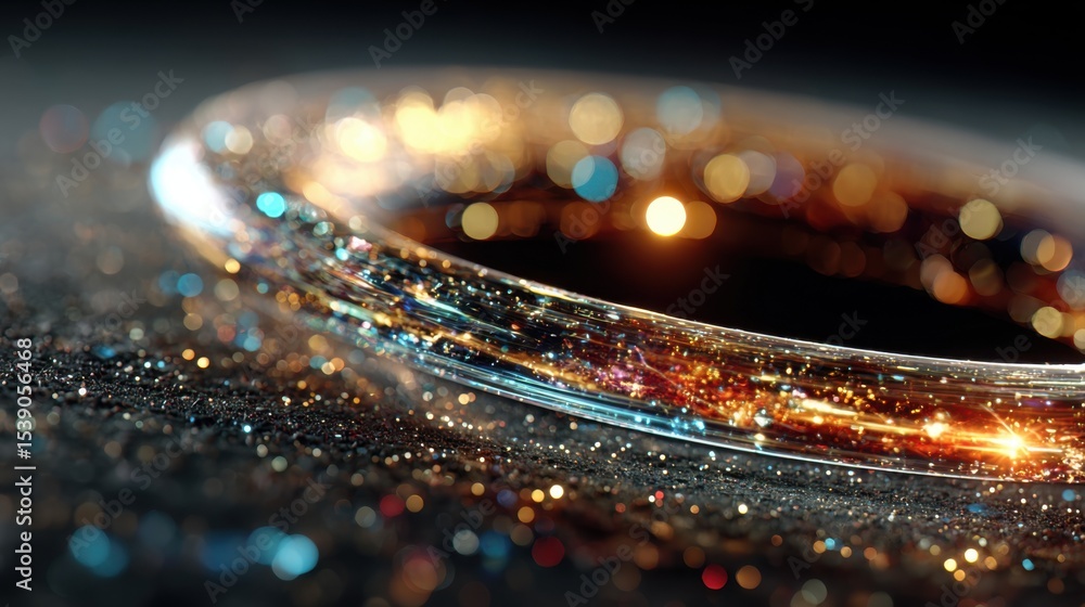 Poster a beautifully crafted ring glistens with sparkling particles scattered around it on a dark surface, 