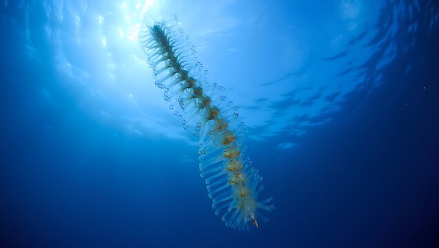 A colony of salps floating in the deep blue ocean water with sunlight shining from the surface above