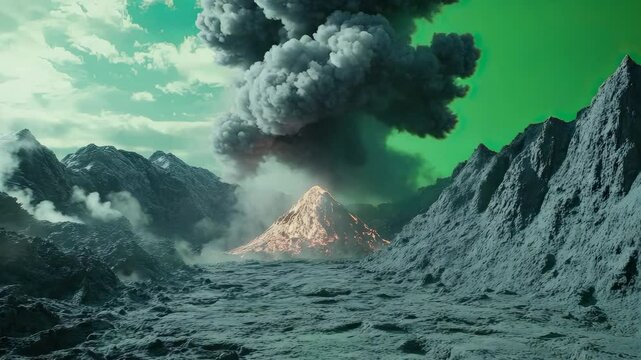Smoke rising from a volcano with a green screen background  
