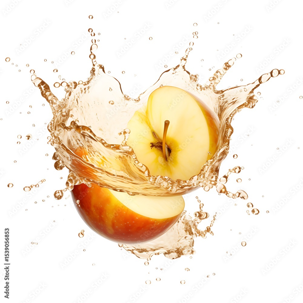 Poster fresh apple slices creating a dynamic splash of juice in mid-air, a refreshing image of fruit