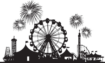 Silhouette of a Funfair with Ferris Wheel, Roller Coaster, and Fireworks, Perfect for Theme Park, Carnival, and Festive Celebration Designs