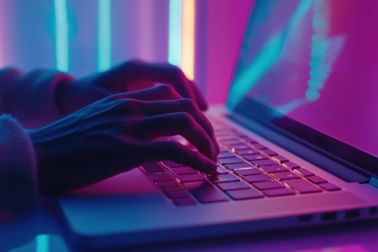 Hands typing on a laptop in a vibrant, colorful atmosphere during evening work or creative session, Zoom in of hands typing on the laptop