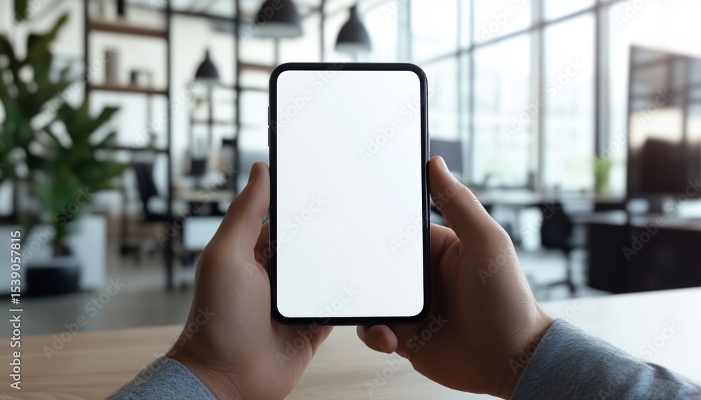 Poster close-up of male hands using a smartphone in a modern office with a blurred background. a blank scre