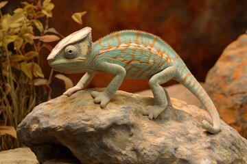 Fototapeta premium Chameleon exploring a rocky surface in natural habitat during daylight, Chameleon slowly walking on a stone