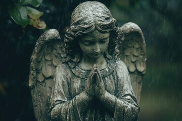 Stone angel statue with folded hands in a serene rain garden, Stone angel statue with folded hands in rain