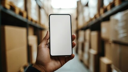Hand holding smartphone with blank screen in large warehouse with stacked cardboard boxes, concept of inventory management, logistics, supply chain and digital warehouse technology. Banner copy space - Powered by Adobe